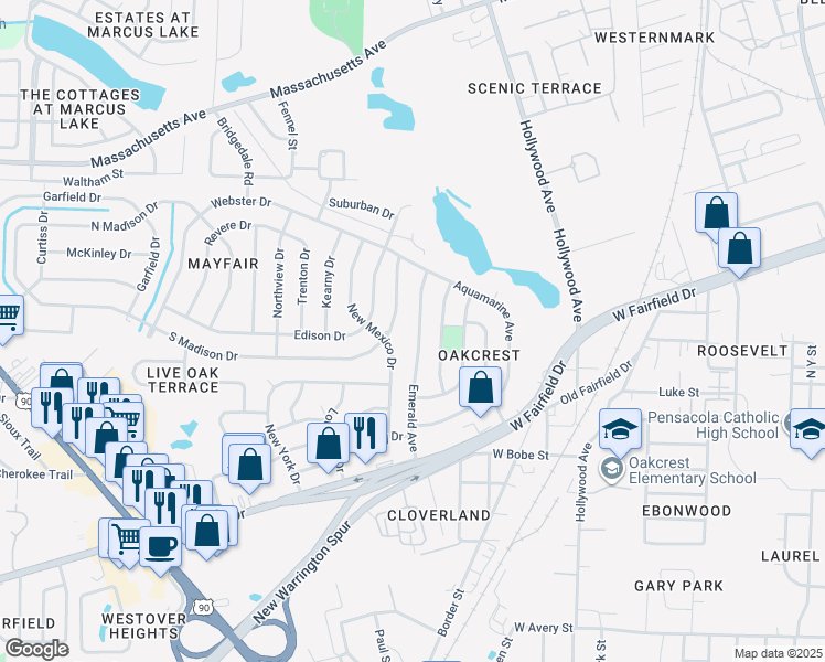 map of restaurants, bars, coffee shops, grocery stores, and more near 221 Emerald Avenue in Pensacola