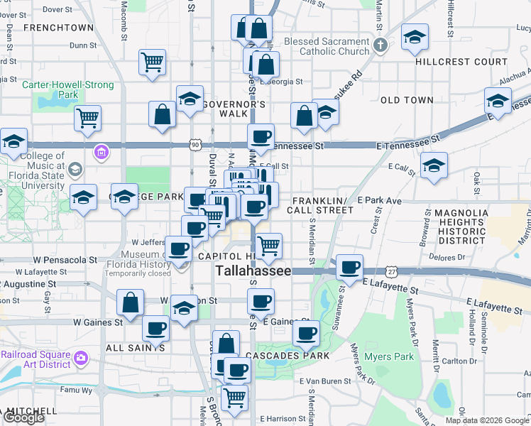 map of restaurants, bars, coffee shops, grocery stores, and more near 123 South Monroe Street in Tallahassee
