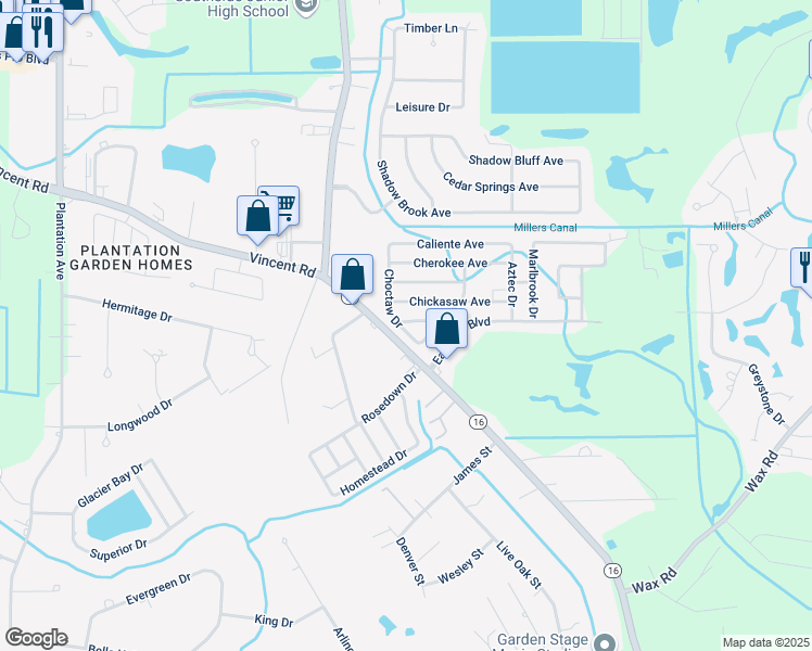 map of restaurants, bars, coffee shops, grocery stores, and more near 25721 Choctaw Drive in Denham Springs