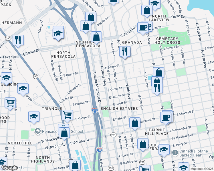 map of restaurants, bars, coffee shops, grocery stores, and more near 2716 North Davis Highway in Pensacola