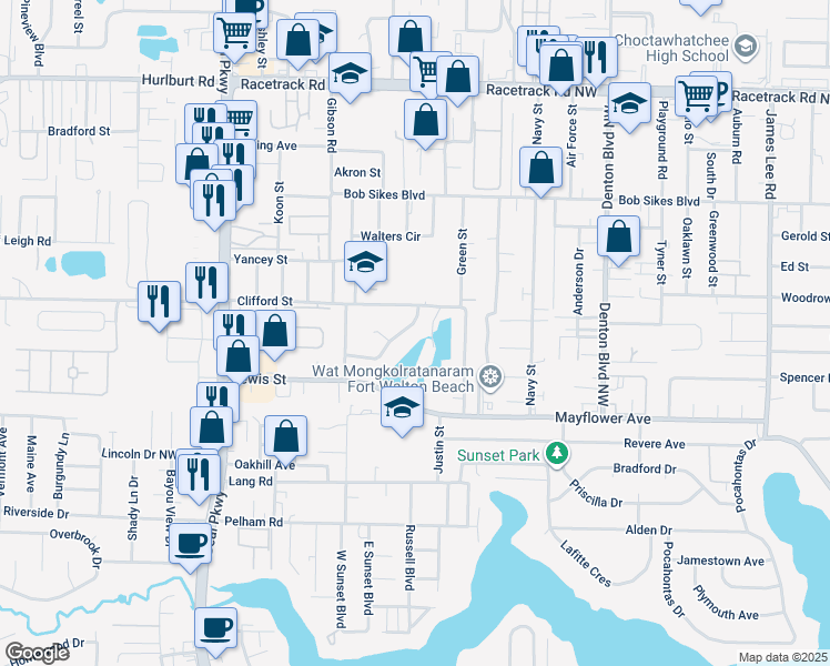 map of restaurants, bars, coffee shops, grocery stores, and more near 323 Somerset Drive in Fort Walton Beach