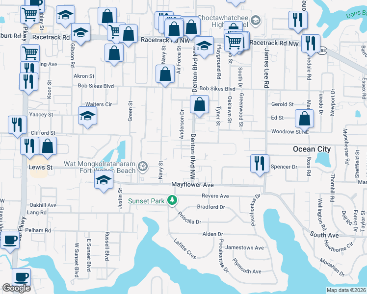 map of restaurants, bars, coffee shops, grocery stores, and more near 12 Allen Drive in Fort Walton Beach