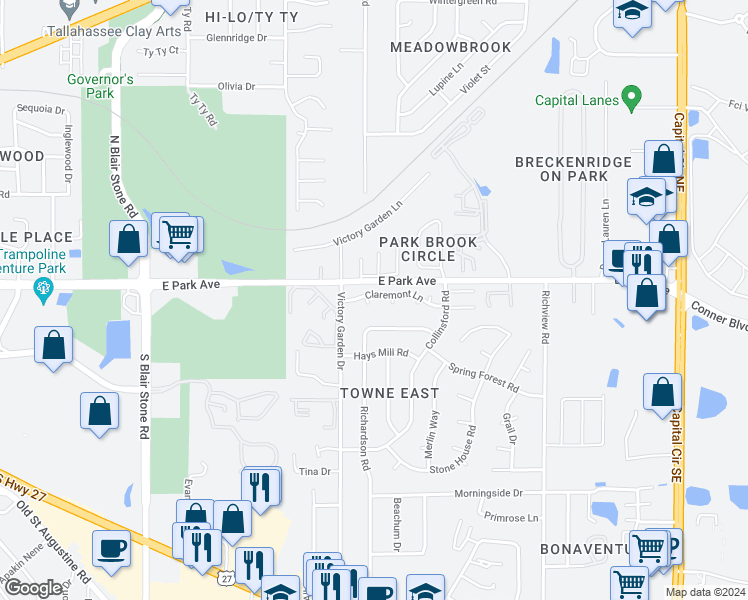 map of restaurants, bars, coffee shops, grocery stores, and more near 2179 Claremont Lane in Tallahassee