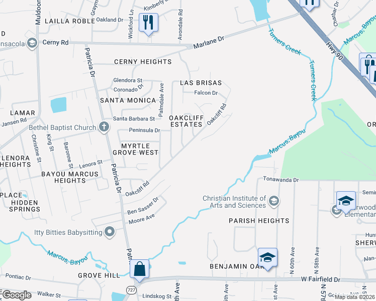 map of restaurants, bars, coffee shops, grocery stores, and more near 6895 Oakcliff Road in Pensacola