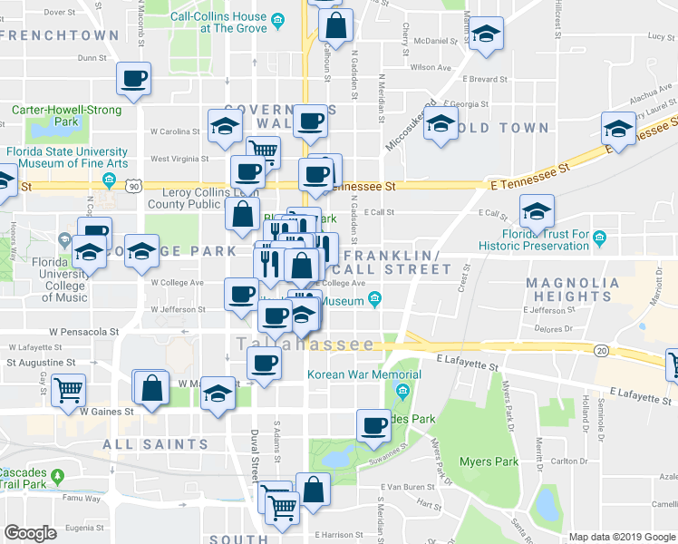 map of restaurants, bars, coffee shops, grocery stores, and more near 306 East College Avenue in Tallahassee