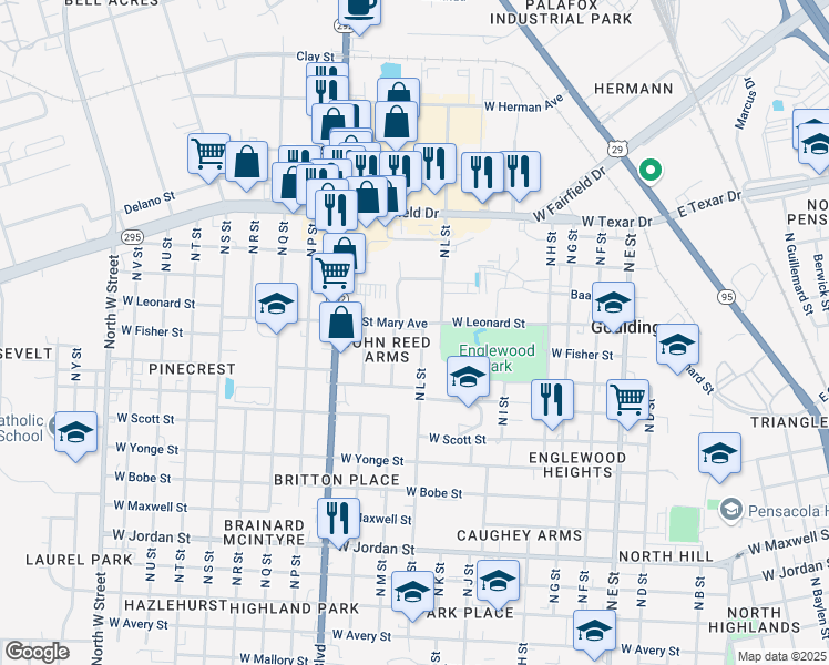 map of restaurants, bars, coffee shops, grocery stores, and more near 1851 Saint Mary Avenue in Pensacola