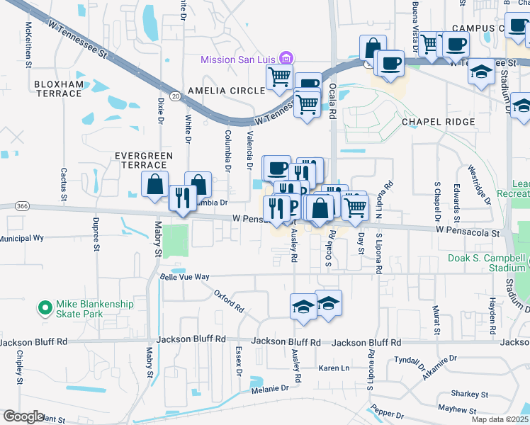 map of restaurants, bars, coffee shops, grocery stores, and more near 2102 West Pensacola Street in Tallahassee
