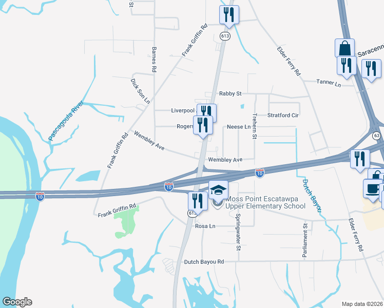 map of restaurants, bars, coffee shops, grocery stores, and more near 3920 Wembley Avenue in Moss Point