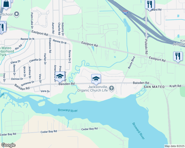 map of restaurants, bars, coffee shops, grocery stores, and more near 834 Pine Moss Road in Jacksonville