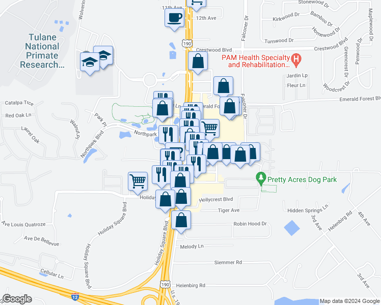 map of restaurants, bars, coffee shops, grocery stores, and more near 70 Park Place Drive in Covington