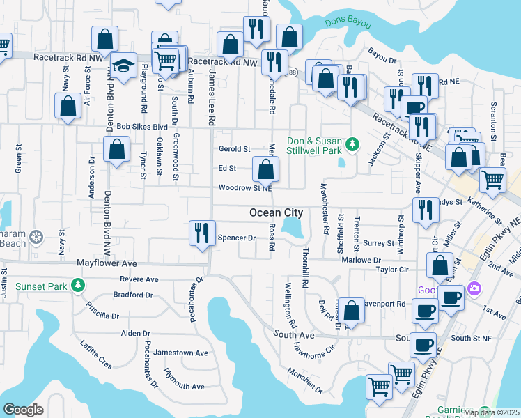 map of restaurants, bars, coffee shops, grocery stores, and more near 225 Newcastle Drive in Fort Walton Beach