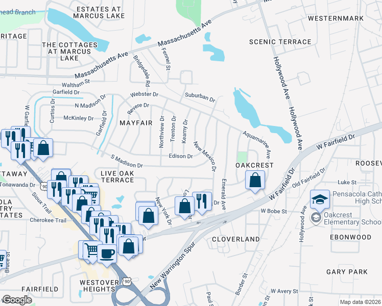 map of restaurants, bars, coffee shops, grocery stores, and more near 704 Edison Drive in Pensacola