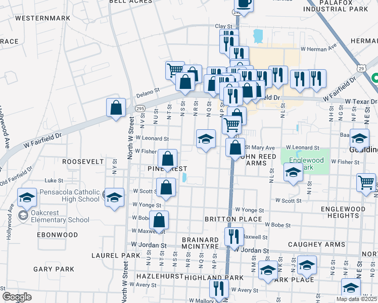 map of restaurants, bars, coffee shops, grocery stores, and more near 2701 North Q Street in Pensacola