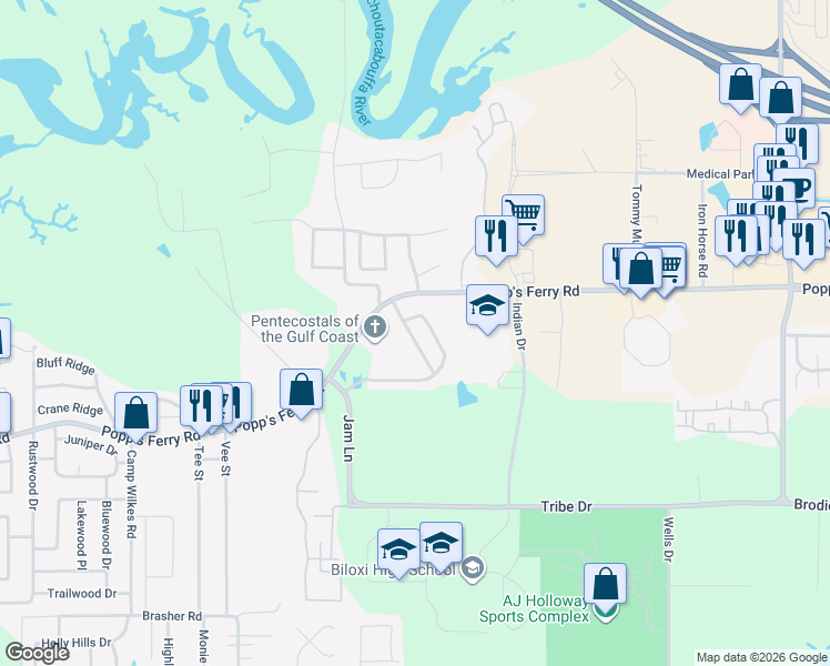 map of restaurants, bars, coffee shops, grocery stores, and more near 1891 Popps Ferry Road in Biloxi