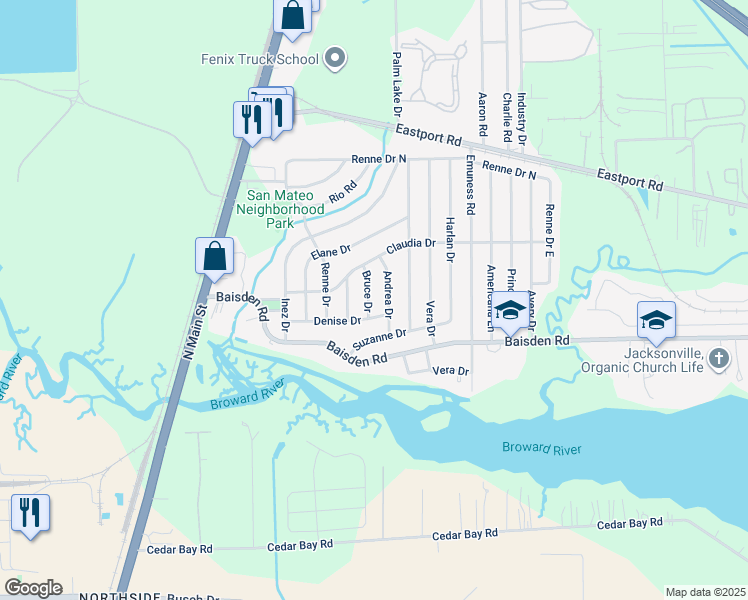 map of restaurants, bars, coffee shops, grocery stores, and more near 11256 Bruce Drive in Jacksonville