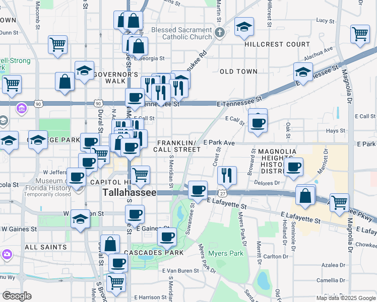 map of restaurants, bars, coffee shops, grocery stores, and more near 534 East College Avenue in Tallahassee