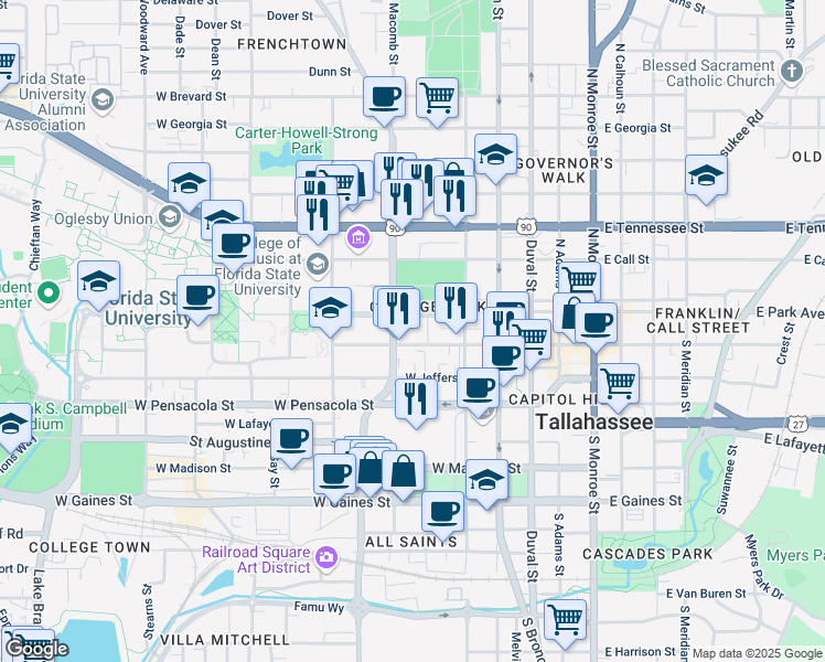 map of restaurants, bars, coffee shops, grocery stores, and more near in Tallahassee