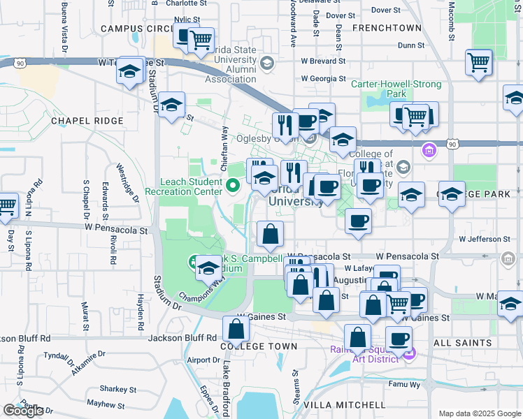 map of restaurants, bars, coffee shops, grocery stores, and more near 942 Learning Way in Tallahassee