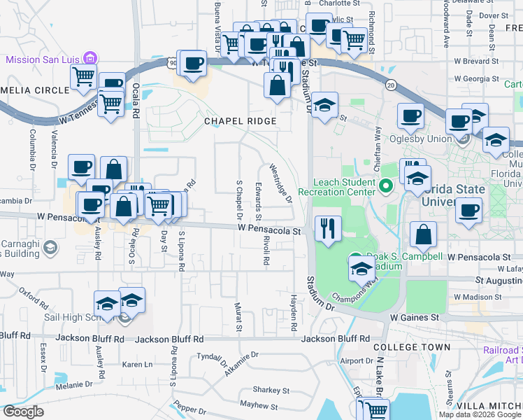map of restaurants, bars, coffee shops, grocery stores, and more near 104 Westridge Drive in Tallahassee
