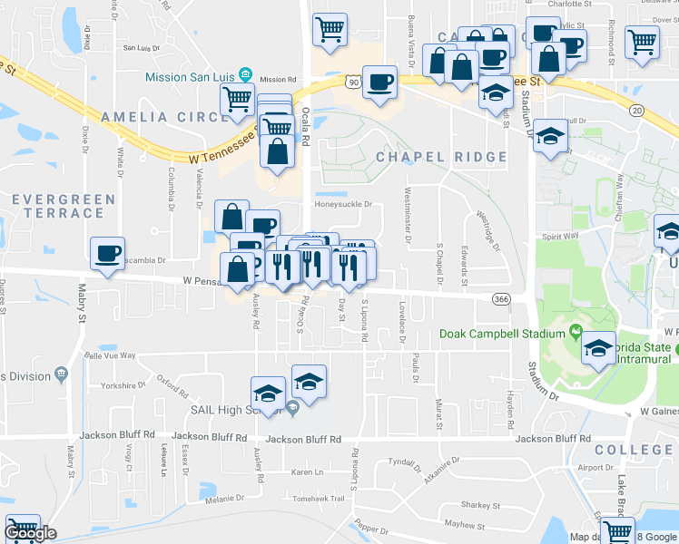 map of restaurants, bars, coffee shops, grocery stores, and more near 1924 West Pensacola Street in Tallahassee