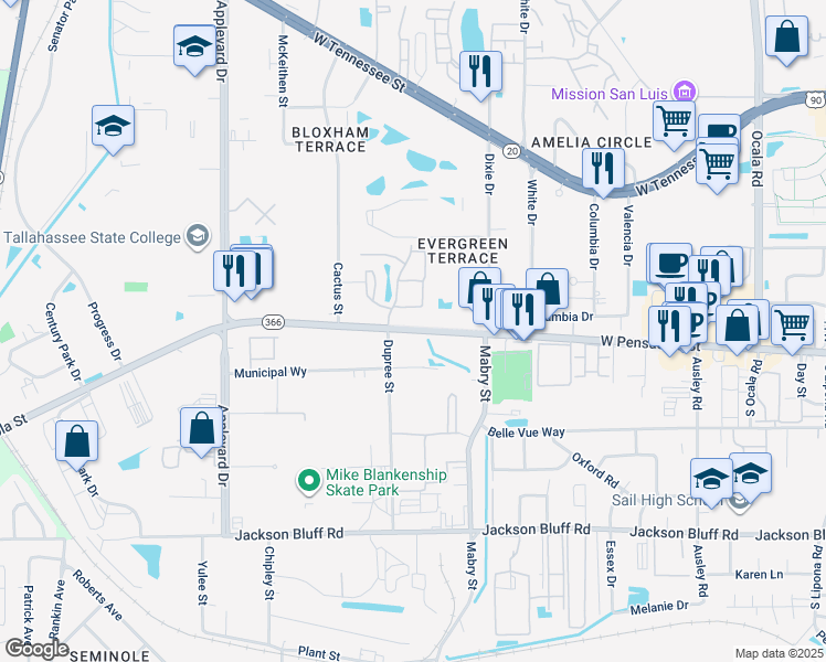 map of restaurants, bars, coffee shops, grocery stores, and more near 2640 West Pensacola Street in Tallahassee