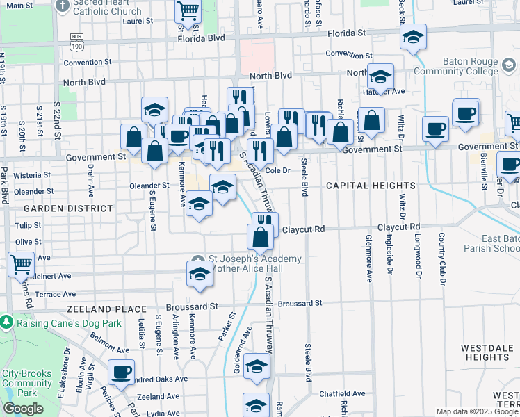 map of restaurants, bars, coffee shops, grocery stores, and more near 744D Marie Drive in Baton Rouge