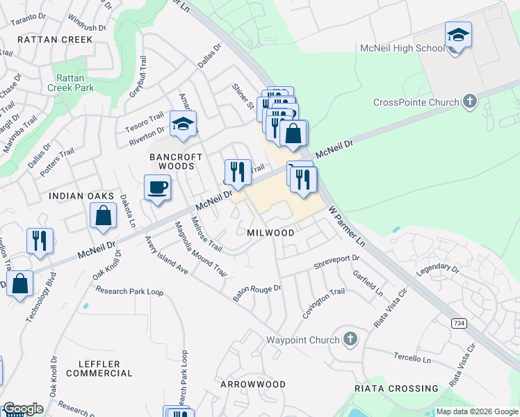 map of restaurants, bars, coffee shops, grocery stores, and more near 13062 Heinemann Drive in Austin