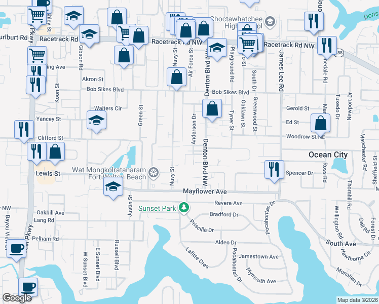 map of restaurants, bars, coffee shops, grocery stores, and more near 12 Allen Drive in Fort Walton Beach