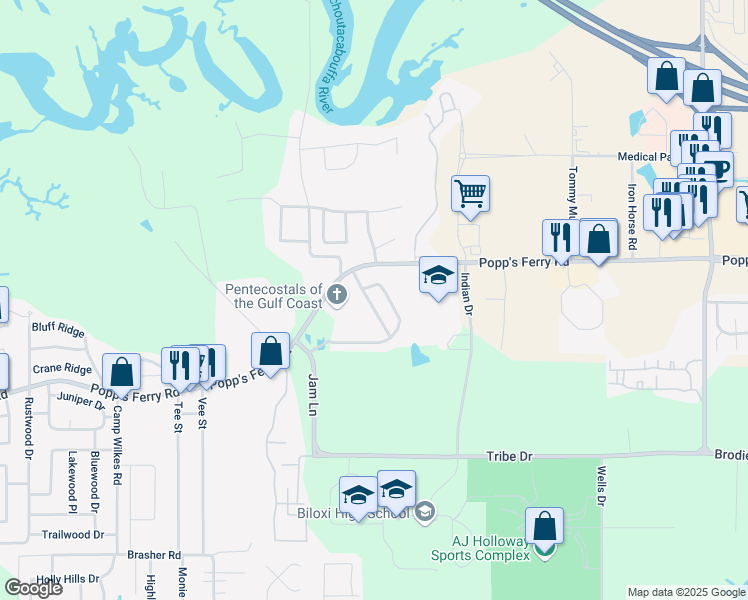map of restaurants, bars, coffee shops, grocery stores, and more near 1891 Popp's Ferry Road in Biloxi