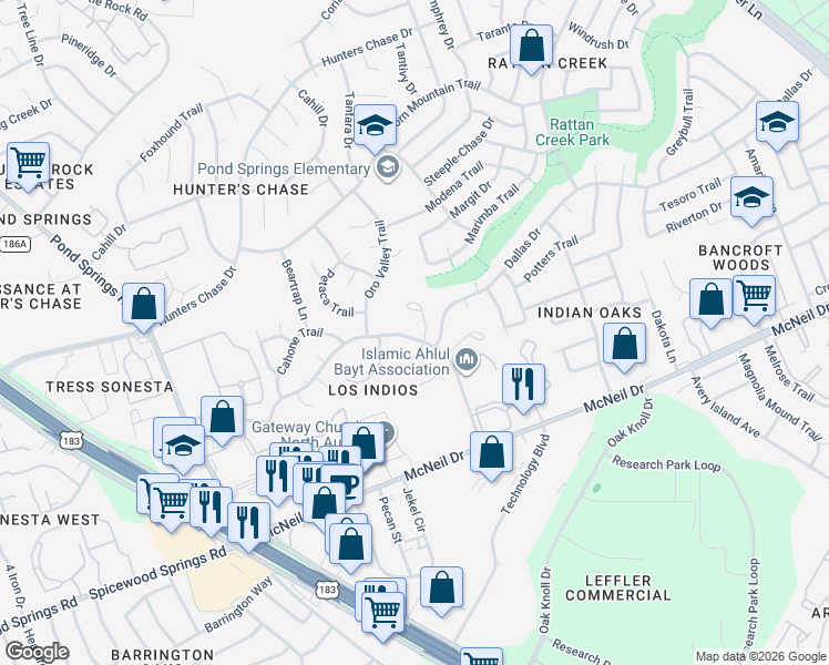 map of restaurants, bars, coffee shops, grocery stores, and more near 12428 Los Indios Trail in Austin