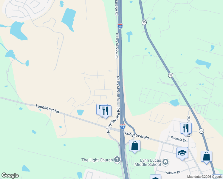 map of restaurants, bars, coffee shops, grocery stores, and more near North Freeway Service Road in Willis