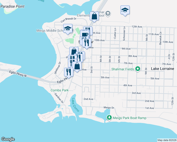 map of restaurants, bars, coffee shops, grocery stores, and more near 13 6th Avenue in Shalimar