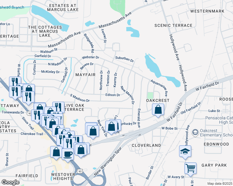 map of restaurants, bars, coffee shops, grocery stores, and more near 702 Edison Drive in Pensacola