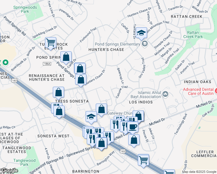 map of restaurants, bars, coffee shops, grocery stores, and more near 8105 Tuscarora Trail in Austin