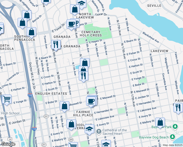 map of restaurants, bars, coffee shops, grocery stores, and more near 2601 North 13th Avenue in Pensacola