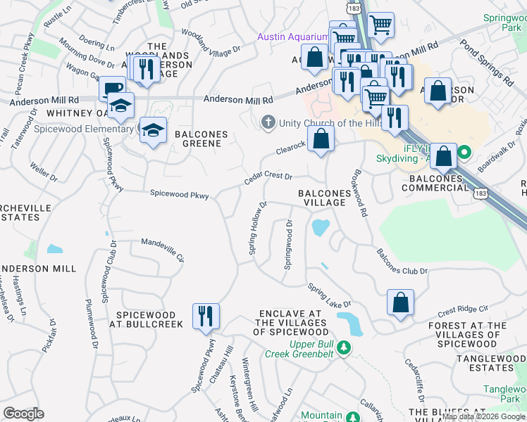 map of restaurants, bars, coffee shops, grocery stores, and more near 9405 Spring Hollow Drive in Austin
