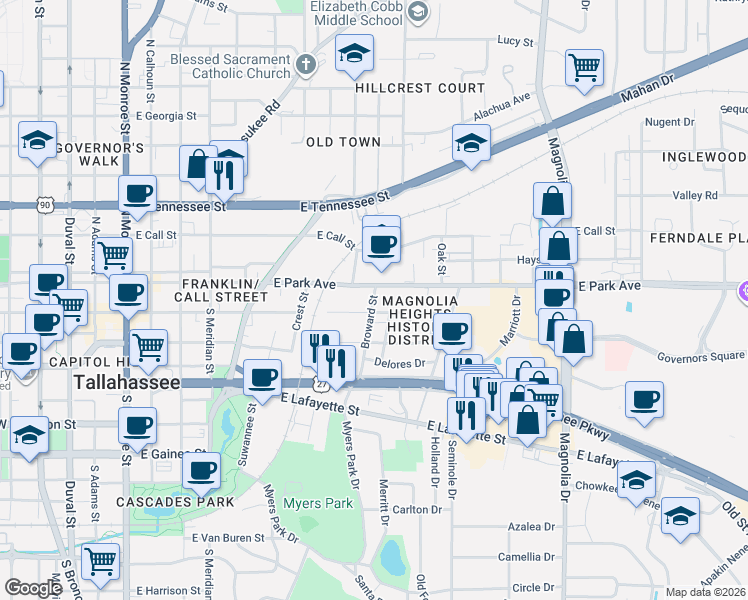 map of restaurants, bars, coffee shops, grocery stores, and more near 111 Broward Street in Tallahassee