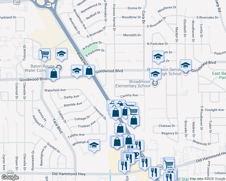 map of restaurants, bars, coffee shops, grocery stores, and more near 1334 Frances Harriet Drive in Baton Rouge
