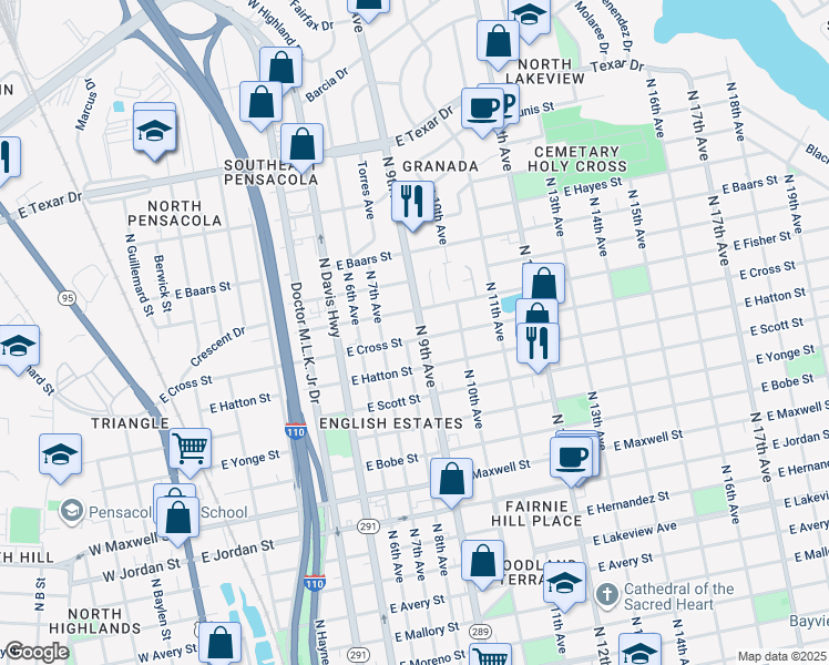 map of restaurants, bars, coffee shops, grocery stores, and more near 840 E Cross St in Pensacola