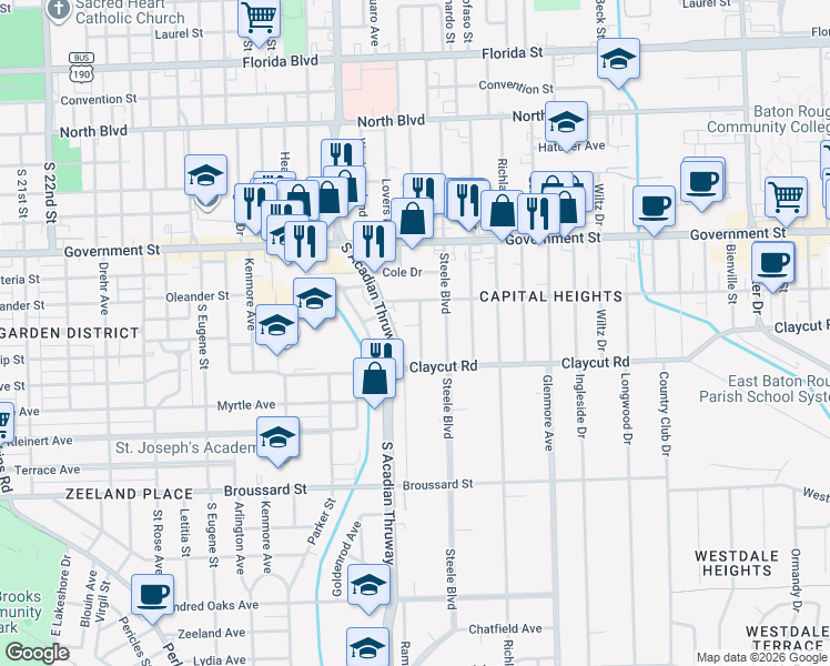 map of restaurants, bars, coffee shops, grocery stores, and more near 824 Florence Street in Baton Rouge