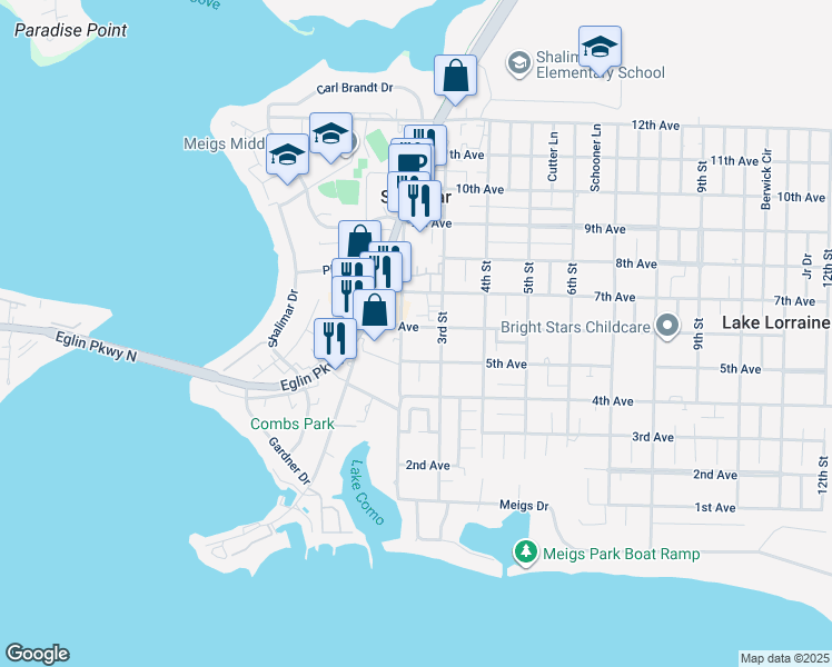 map of restaurants, bars, coffee shops, grocery stores, and more near 5 6th Avenue in Shalimar