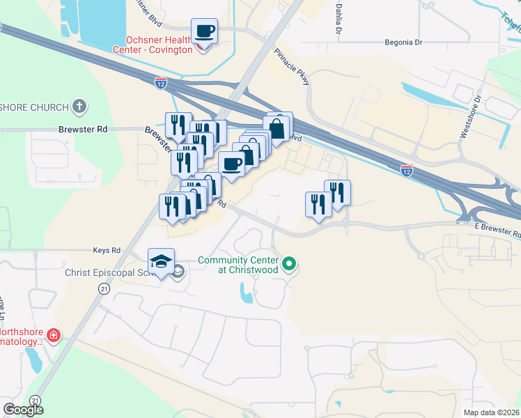 map of restaurants, bars, coffee shops, grocery stores, and more near 16255 East Brewster Road in Covington