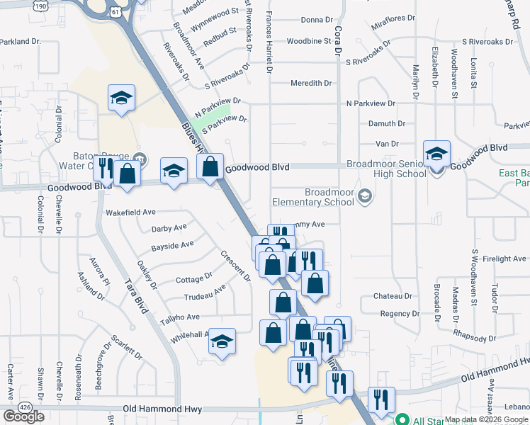 map of restaurants, bars, coffee shops, grocery stores, and more near 1334 Frances Harriet Drive in Baton Rouge