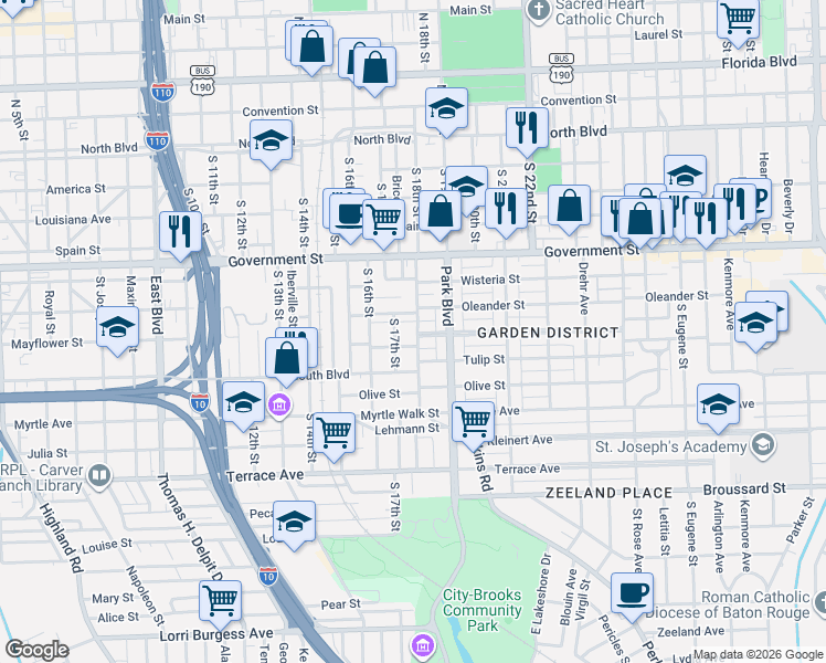 map of restaurants, bars, coffee shops, grocery stores, and more near 730 South 18th Street in Baton Rouge