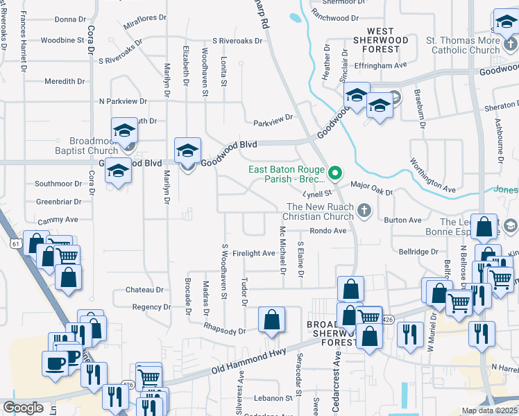 map of restaurants, bars, coffee shops, grocery stores, and more near 10377 Browning Drive in Baton Rouge