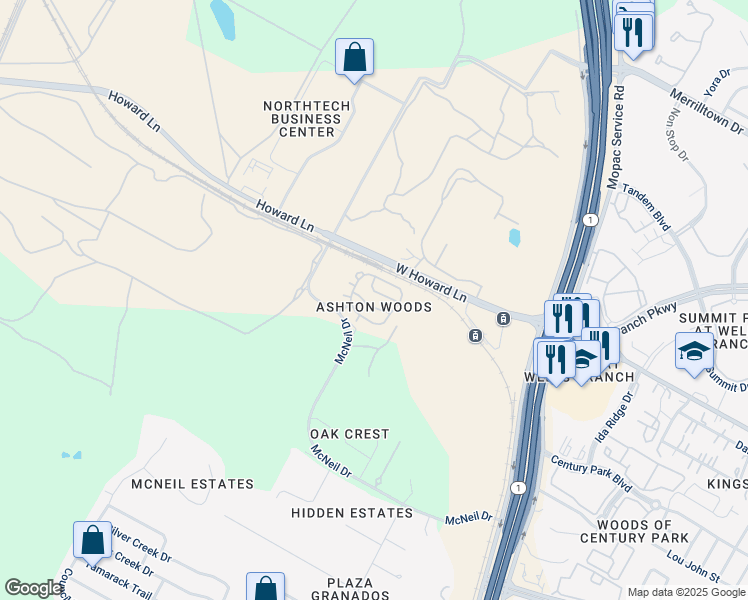 map of restaurants, bars, coffee shops, grocery stores, and more near 4200 Wild Iris Lane in Austin
