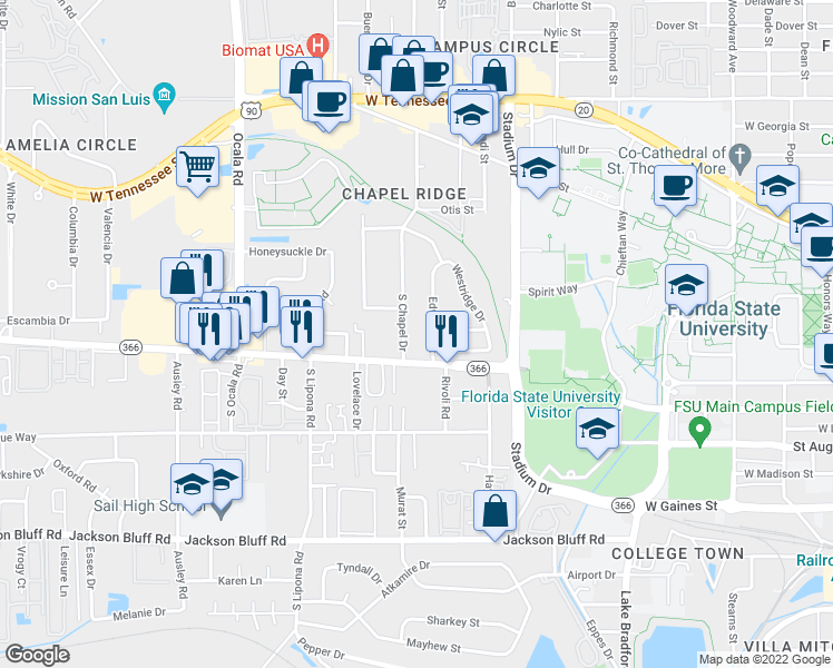 map of restaurants, bars, coffee shops, grocery stores, and more near 101 South Chapel Drive in Tallahassee