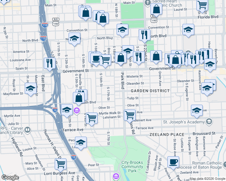 map of restaurants, bars, coffee shops, grocery stores, and more near 730 South 18th Street in Baton Rouge