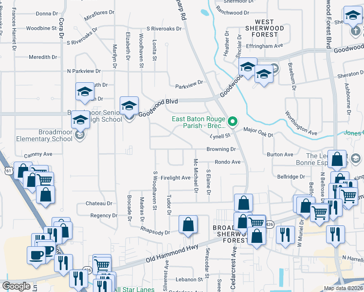 map of restaurants, bars, coffee shops, grocery stores, and more near 10377 Browning Drive in Baton Rouge