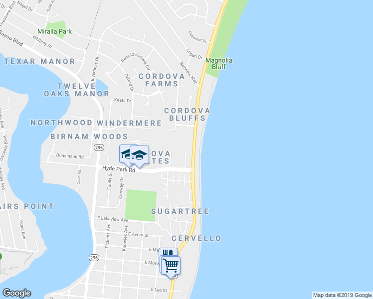 map of restaurants, bars, coffee shops, grocery stores, and more near 2441 Buena Vista Street in Pensacola